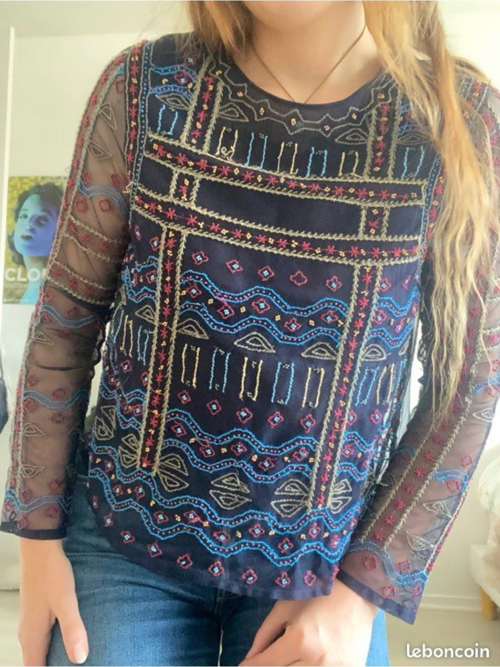 Zara - Embroidered Navy Sheer Long-Sleeve Women's Top